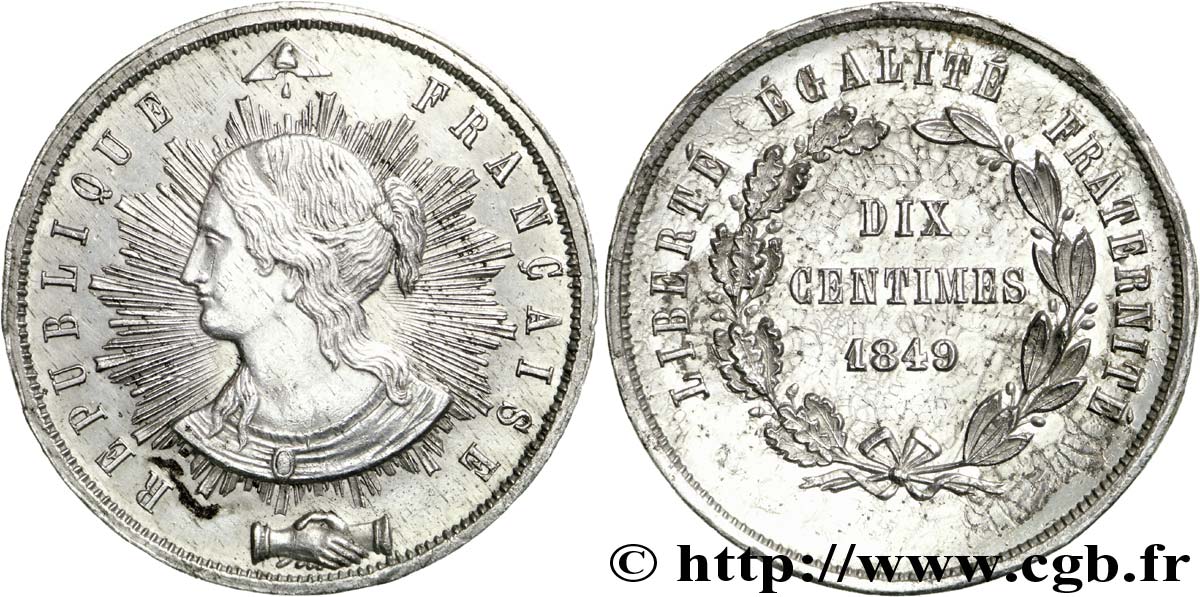 Concours de 10 centimes, essai de Pillard 1849 Paris VG.3185 var. AU58 