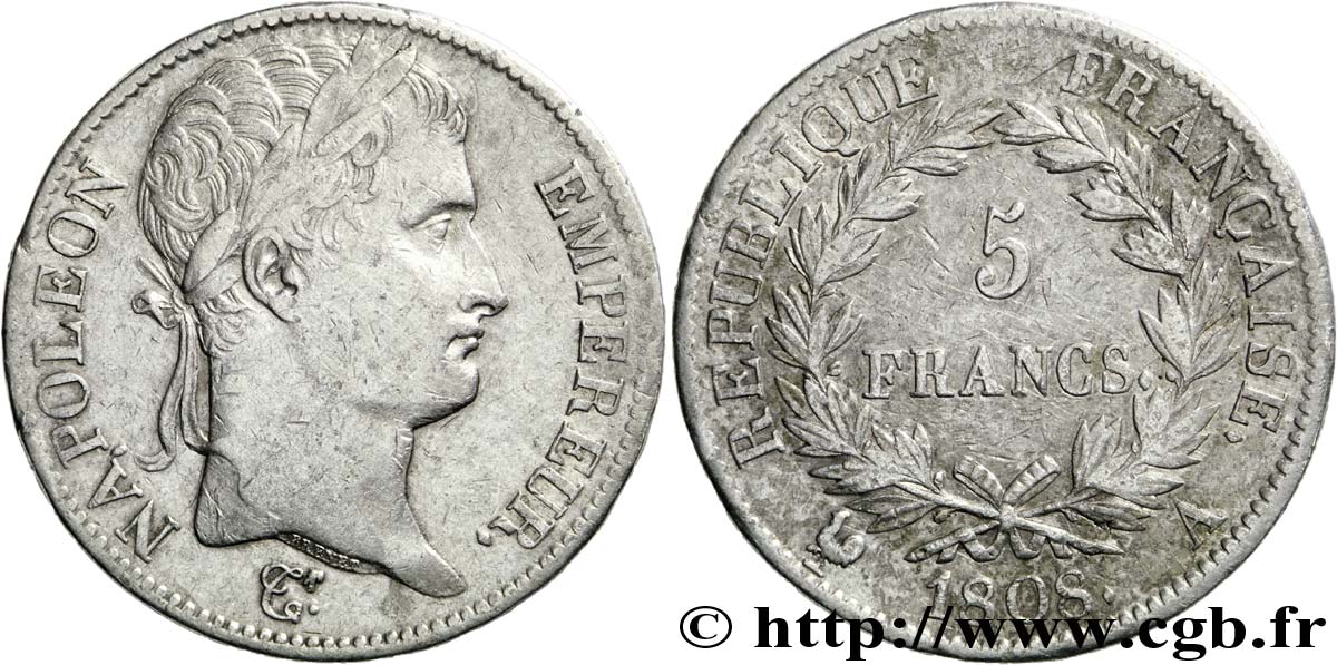 5 francs Napoléon Empereur, République française, tranche fautée 1808 Paris F.306/2 TB35 