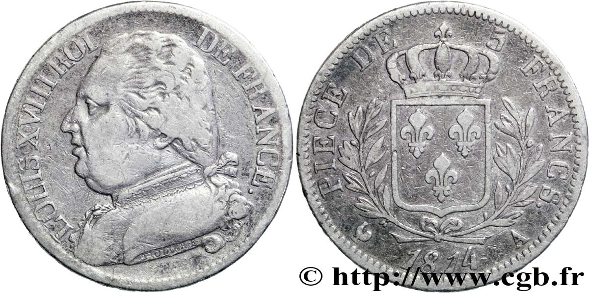 5 francs Louis XVIII, buste habillé 1814 Paris F.308/1 TB28 