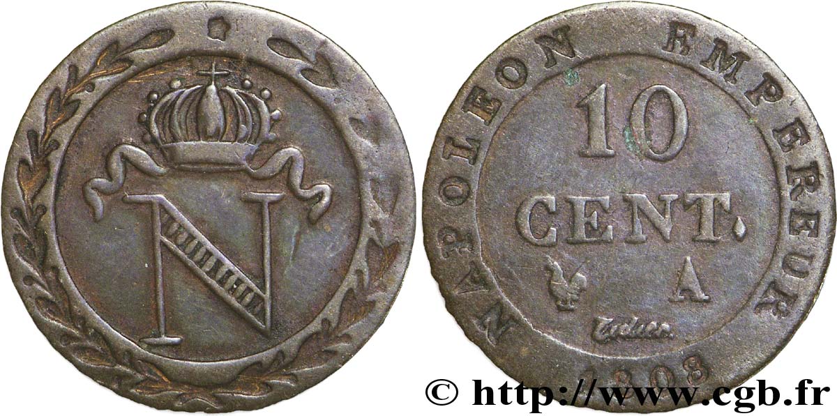 Faux de 10 cent. à l&nbsp;N couronnée 1808 Paris F.130/2 var. TTB48 