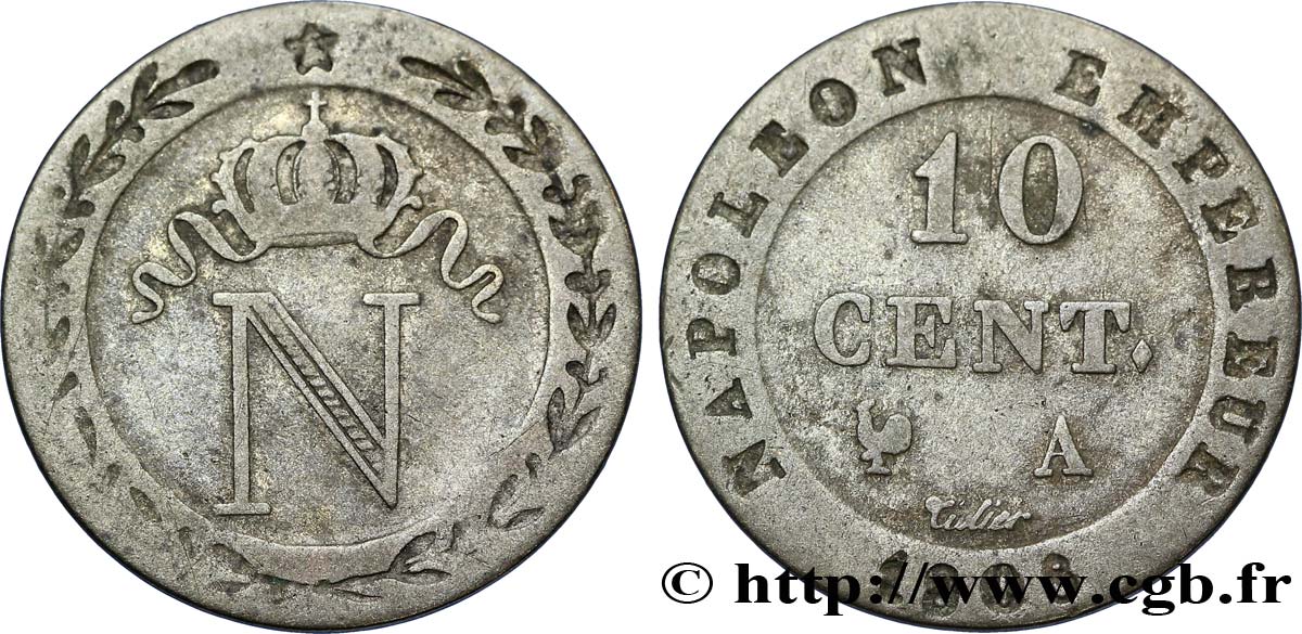10 cent. à l N couronnée 1808 Paris F.130/2 var. TB35 