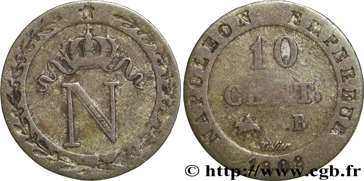 10 cent. à l&nbsp;N couronnée 1808 Rouen F.130/3 TB15 