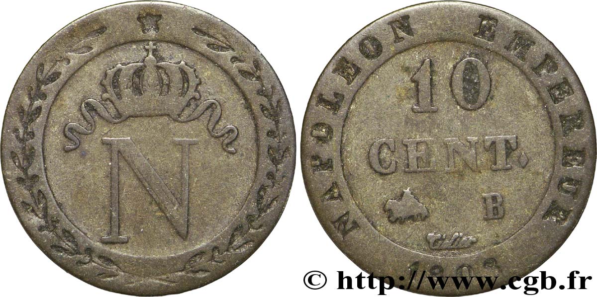 10 cent. à l&nbsp;N couronnée 1808 Rouen F.130/3 TB25 