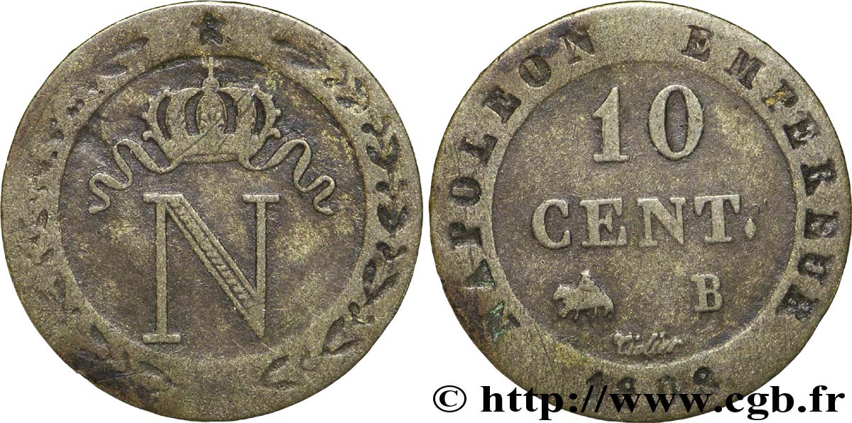10 cent. à l&nbsp;N couronnée 1808 Rouen F.130/3 TTB45 