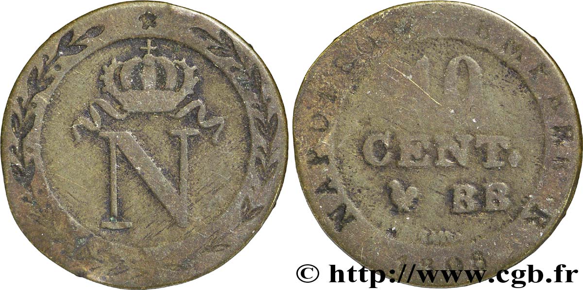 Faux de 10 cent. à l N couronnée 1808 Strasbourg F.130/4 var. BC20 