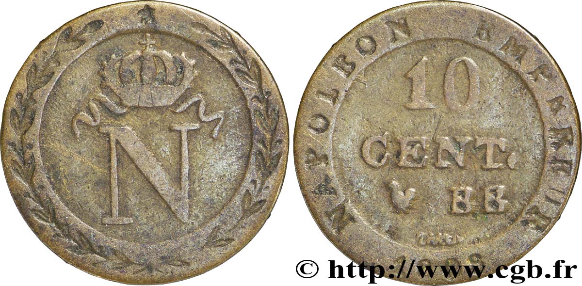 Faux de 10 cent. à l&nbsp;N couronnée 1808 Strasbourg F.130/4 var. TB30 