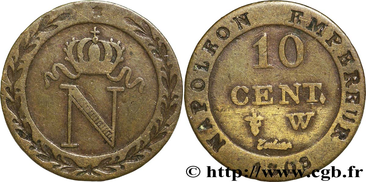 Faux de 10 cent. à l&nbsp;N couronnée 1808 Lille F.130/9 var. TB35 