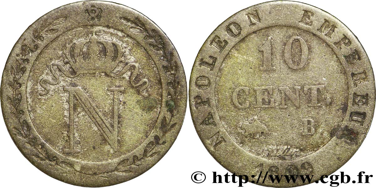 10 cent. à l&nbsp;N couronnée 1809 Rouen F.130/11 TB30 