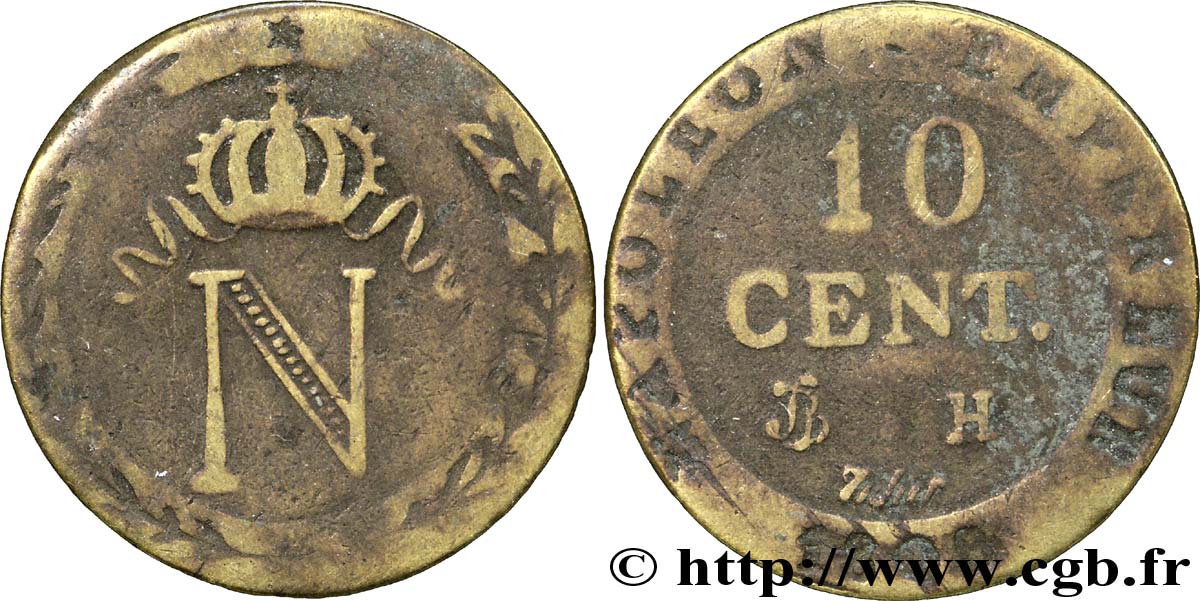 Faux de 10 cent. à l&nbsp;N couronnée 1808 La Rochelle F.130/5 var. TB25 