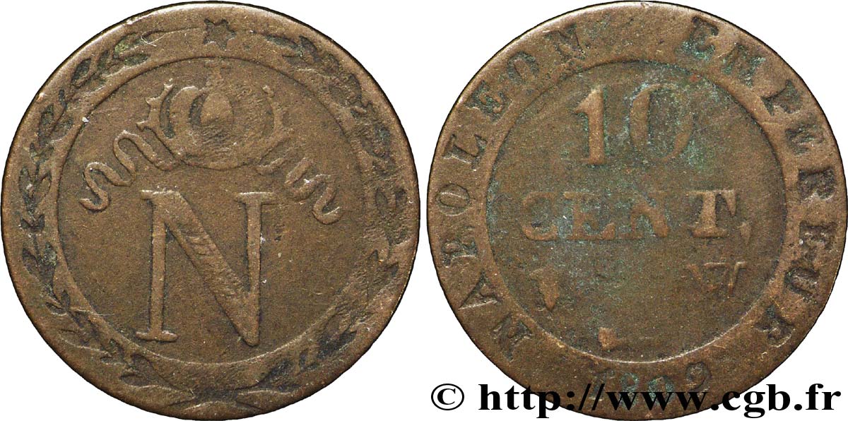 Faux de 10 cent. à l&nbsp;N couronnée 1809 Lille F.130/19 var. TB20 