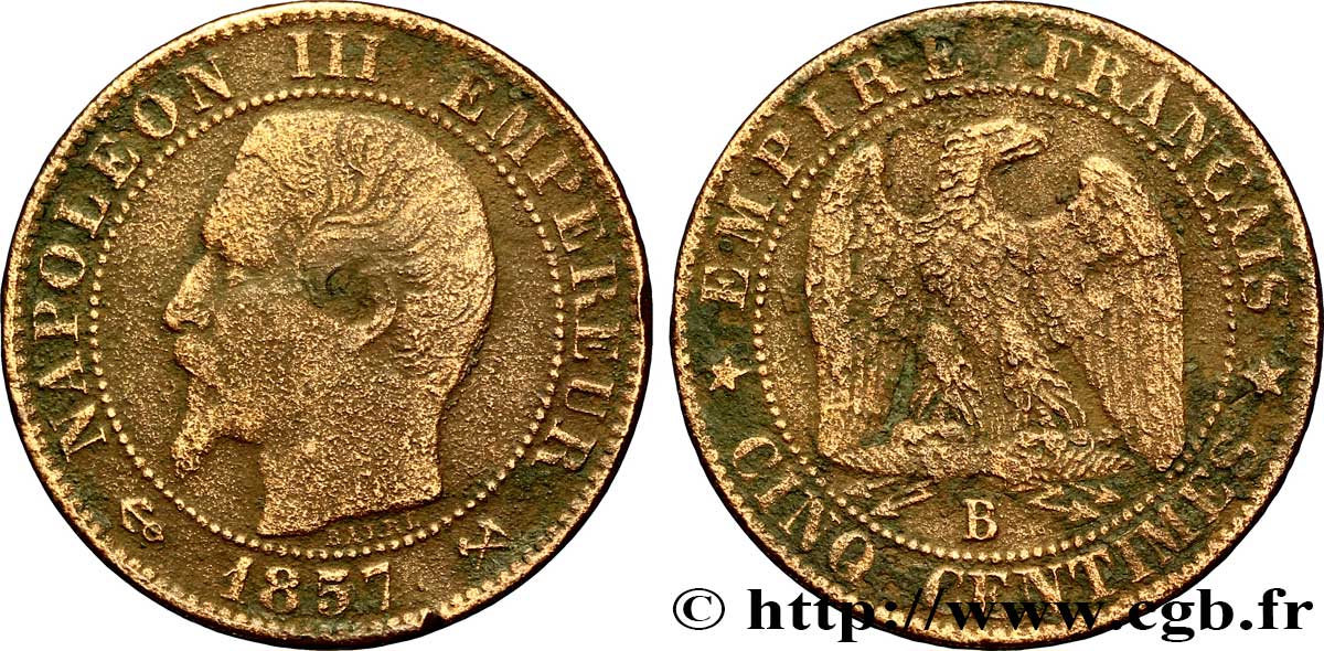 Cinq centimes Napoléon III, tête nue 1857 Rouen F.116/38 B+ 