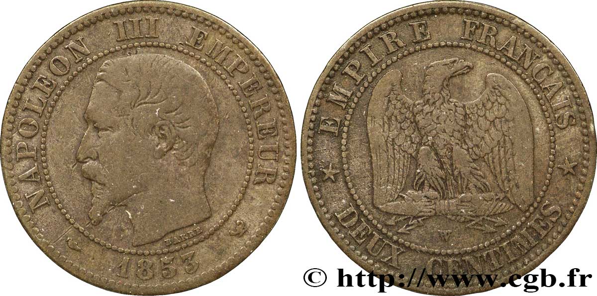 Deux centimes Napoléon III, tête nue 1853 Lille F.107/8 VF20 