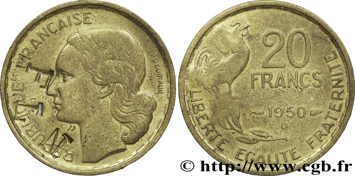 20 francs G. Guiraud, 4  faucilles, contremarqué FLN 1950 Paris F.402/3 var. TTB52 