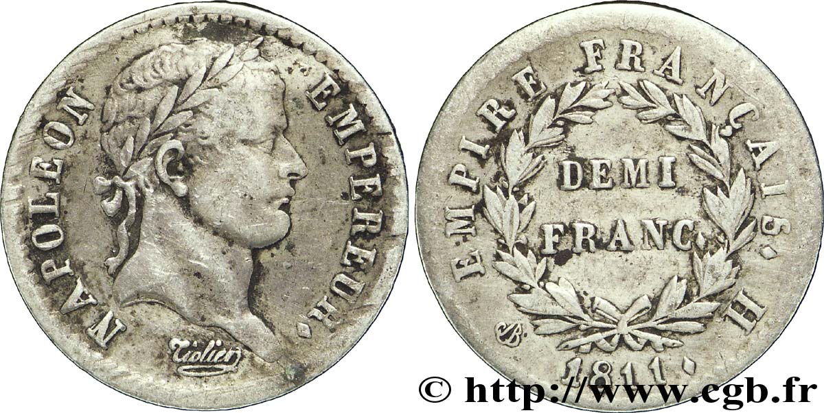 Demi-franc Napoléon Ier tête laurée, Empire français 1811 La Rochelle F.178/25 TTB40 