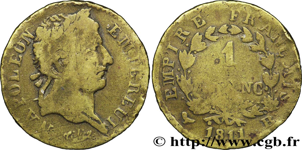 Faux de 1 franc Napoléon Ier tête laurée, Empire français 1811 Rouen F.205/29 var. B10 