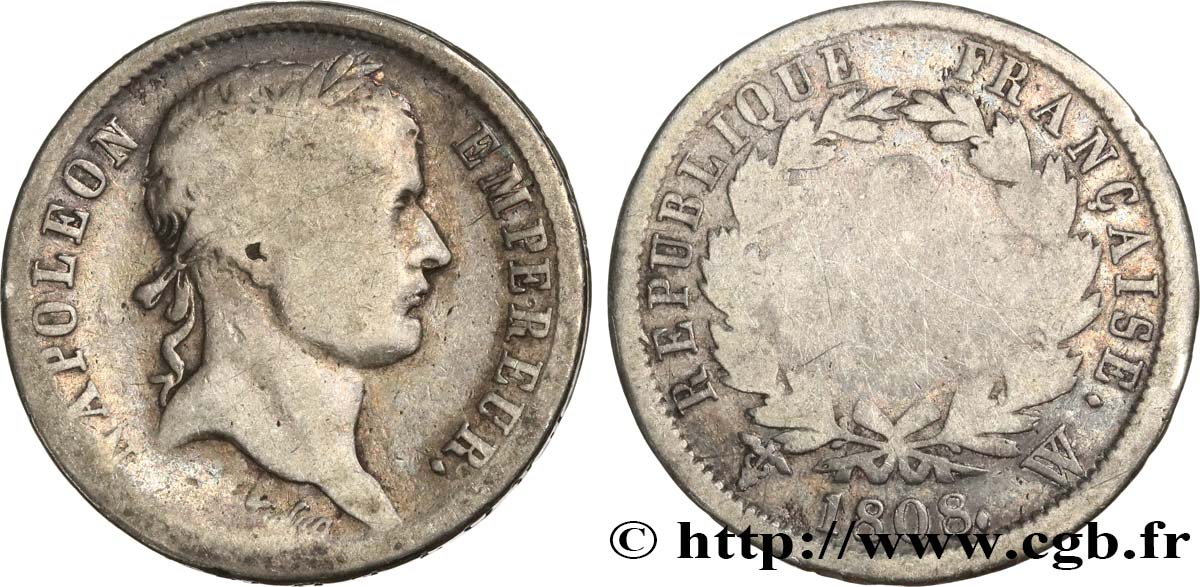 2 francs Napoléon Ier tête laurée, République française 1808 Lille F.254/13 RC8 