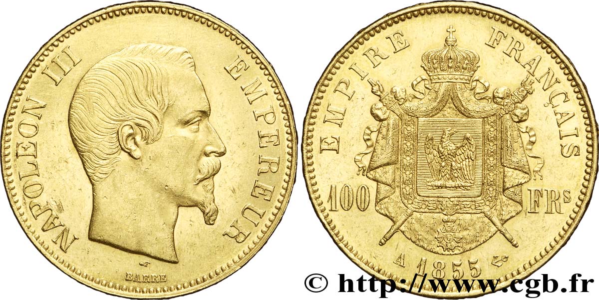 100 francs or Napoléon III, tête nue 1855 Paris F.550/1 AU55 