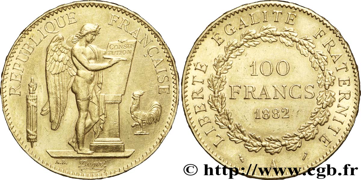 100 francs or Génie, tranche inscrite en relief Dieu protège la France 1882 Paris F.552/5 AU53 