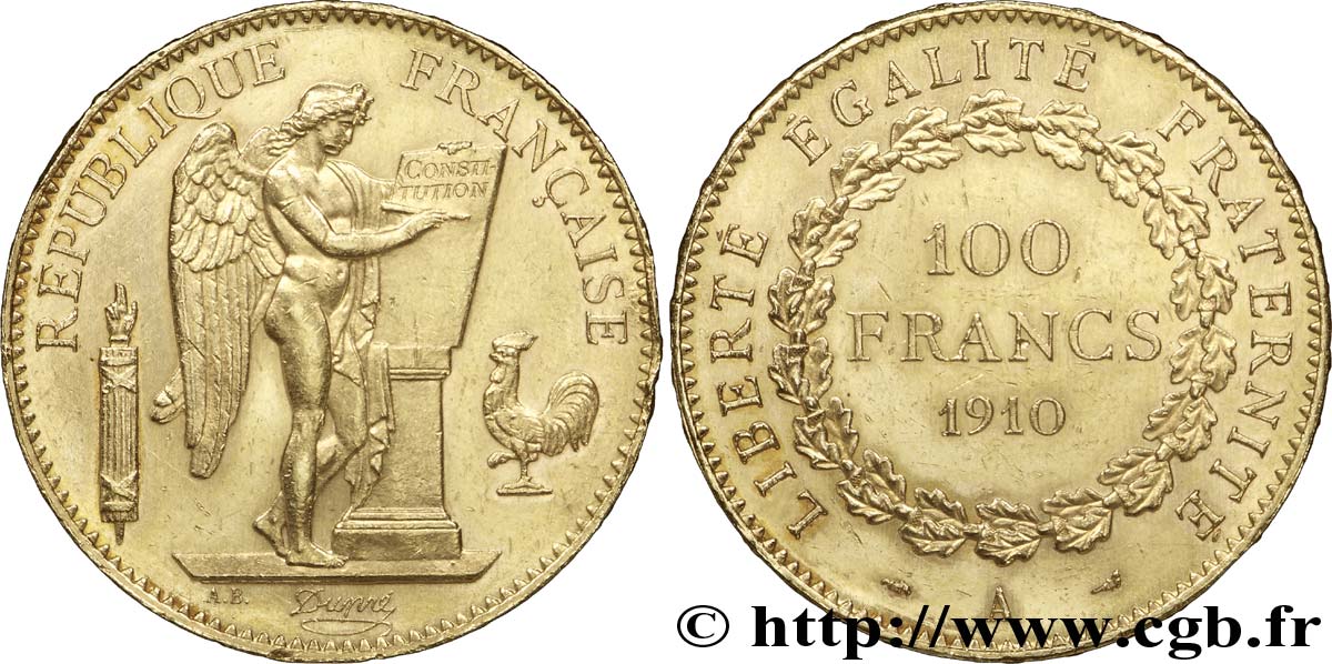 100 francs or Génie, tranche inscrite en relief Liberté Égalité Fraternité 1910 Paris F.553/4 VZ55 