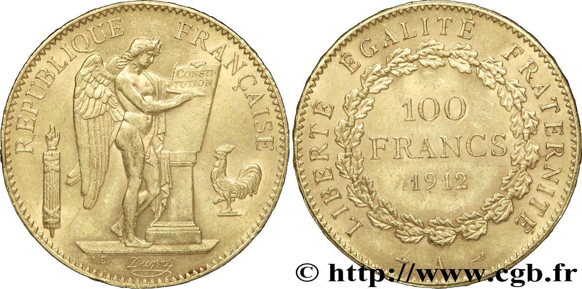 100 francs or Génie, tranche inscrite en relief Liberté Égalité Fraternité 1912 Paris F.553/6 TTB53 