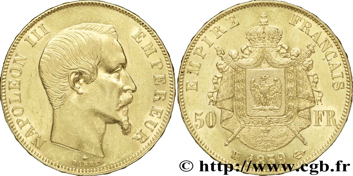 50 francs or Napoléon III, tête nue 1859 Strasbourg F.547/8 AU53 
