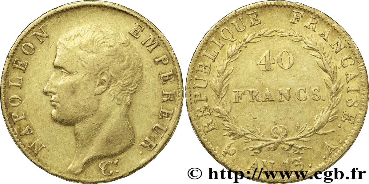 40 francs or Napoléon tête nue, Calendrier révolutionnaire 1805 Paris F.537/1 XF45 