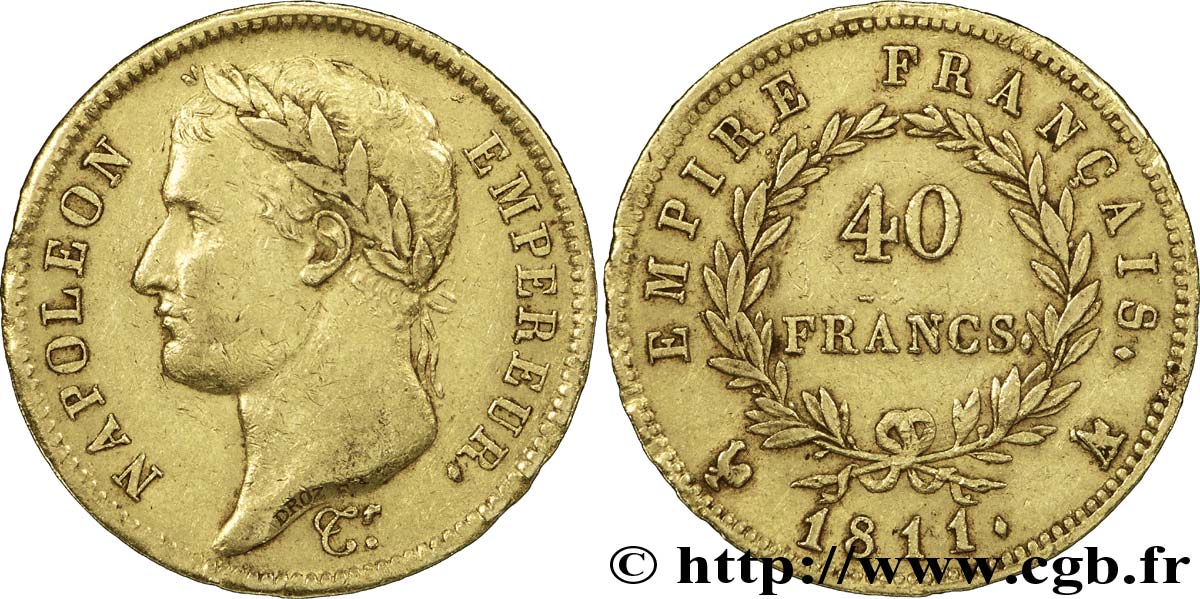 40 francs or Napoléon tête laurée, Empire français, A sur Coq 1811 Paris F.541/7 XF48 
