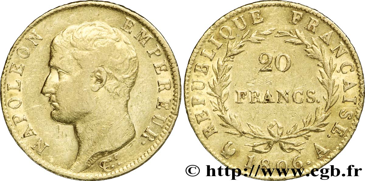 20 francs or Napoléon tête nue, Calendrier grégorien 1806 Paris F.513/1 MBC45 