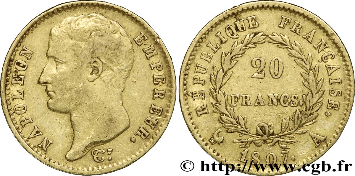 20 francs or Napoléon tête nue, type transitoire 1807 Paris F.514/1 BB40 