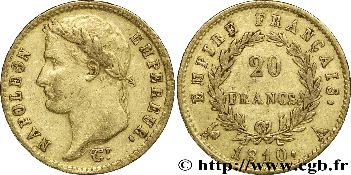 20 francs or Napoléon tête laurée, Empire français 1810 Paris F.516/8 XF45 
