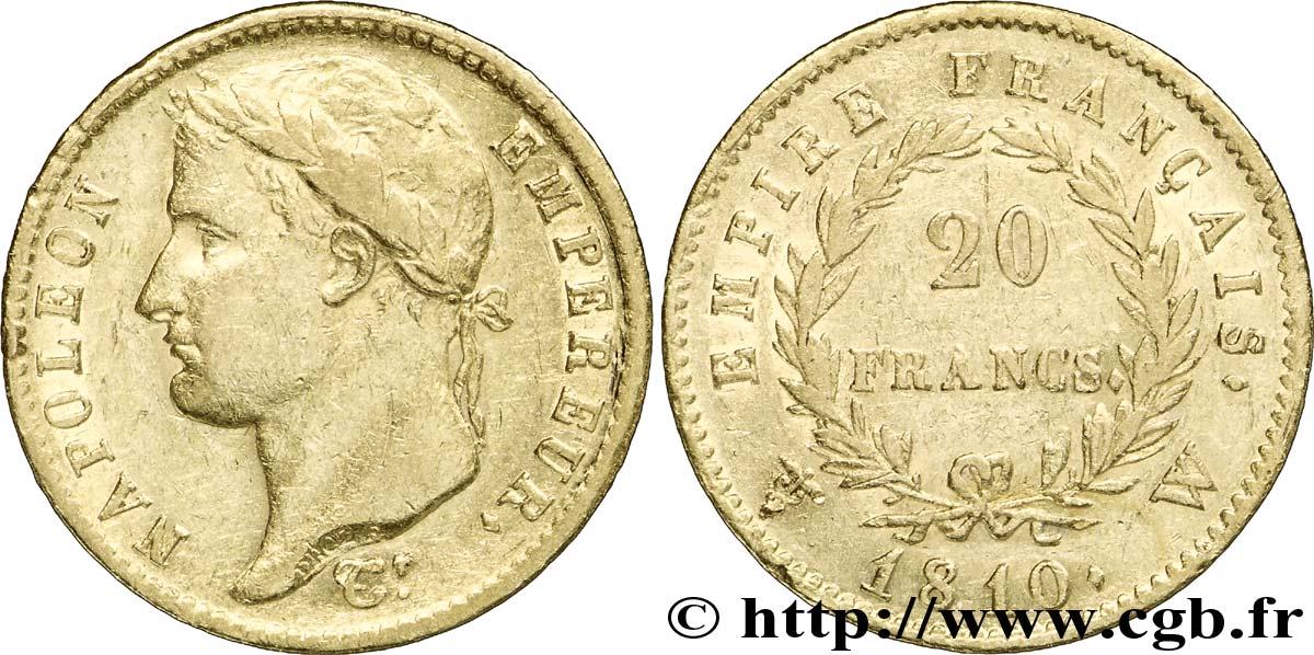 20 francs or Napoléon tête laurée, Empire français 1810 Lille F.516/15 MBC45 