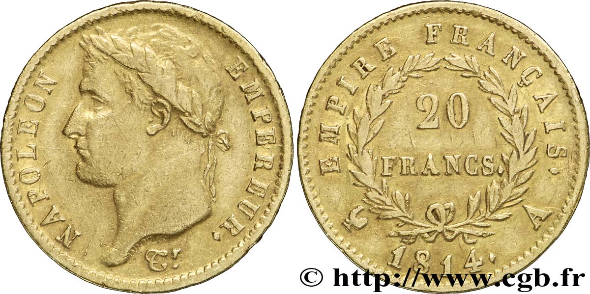 20 francs or Napoléon tête laurée, Empire français 1814 Paris F.516/39 XF45 
