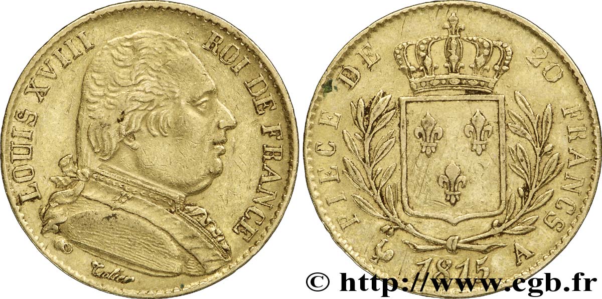 20 francs or Louis XVIII, buste habillé 1815 Paris F.517/10 SS48 