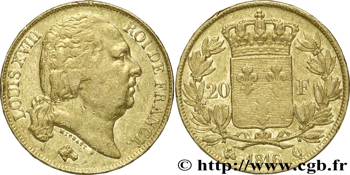 20 francs or Louis XVIII, tête nue 1816 Perpignan F.519/3 MBC45 