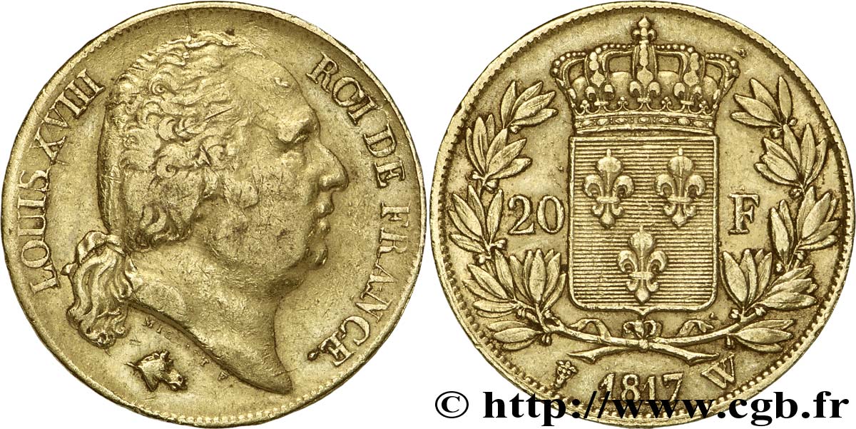 20 francs or Louis XVIII, tête nue 1817 Lille F.519/9 TTB45 