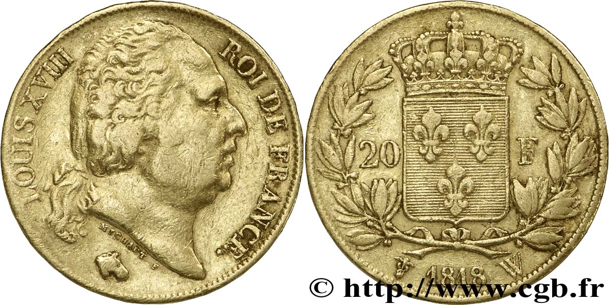 20 francs or Louis XVIII, tête nue 1818 Lille F.519/14 BB40 