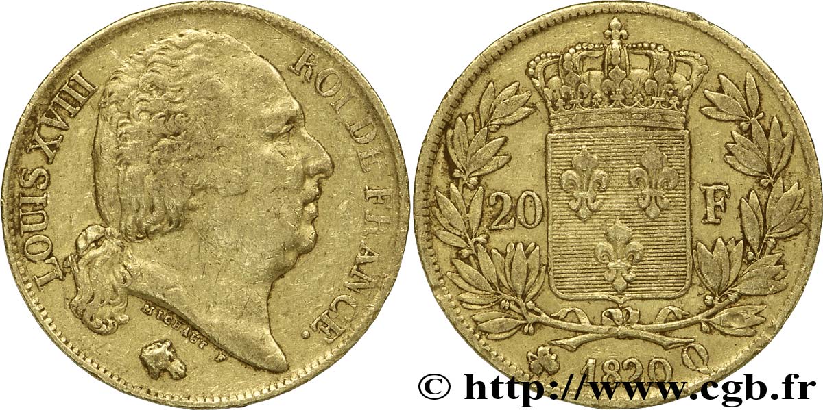 20 francs or Louis XVIII, tête nue 1820 Perpignan F.519/21 SS45 