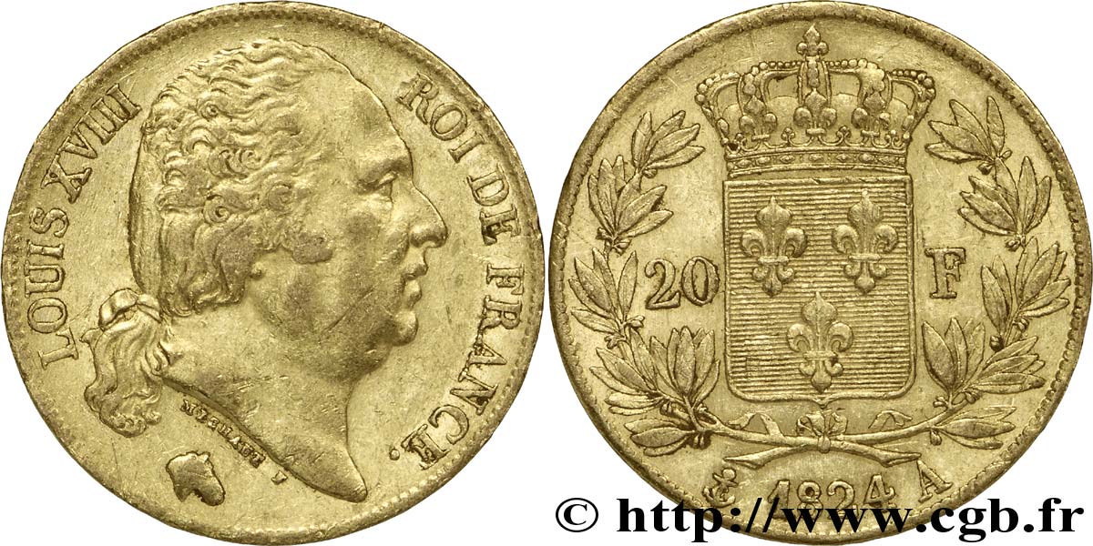 20 francs or Louis XVIII, tête nue 1824 Paris F.519/31 BB48 