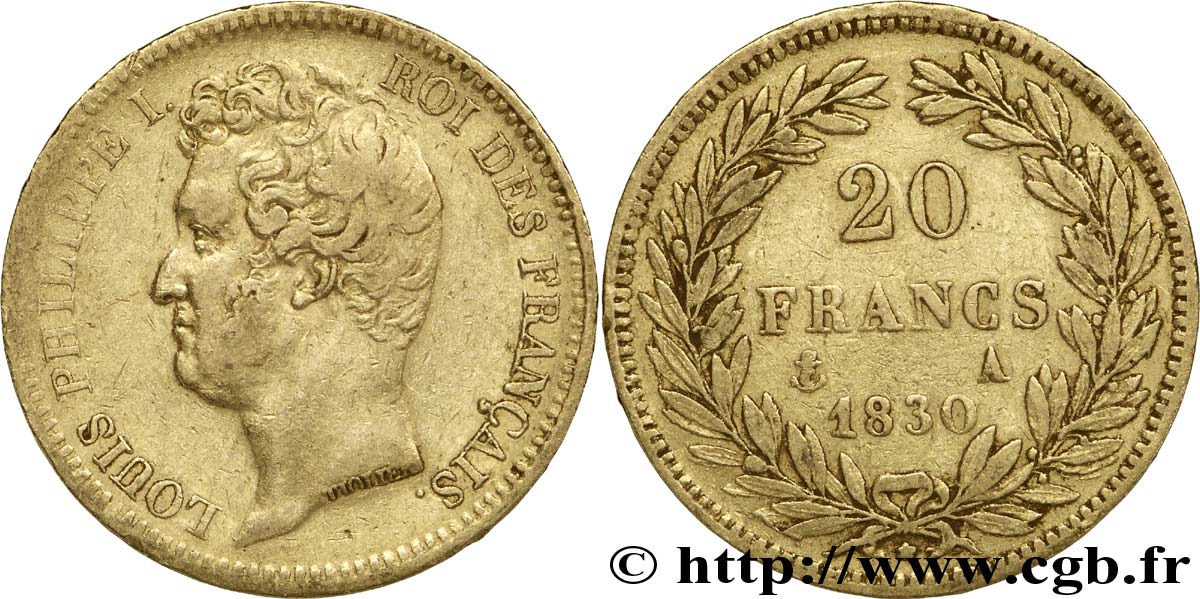 20 francs or Louis-Philippe, Tiolier, tranche inscrite en creux 1830 Paris F.524/1 BB45 