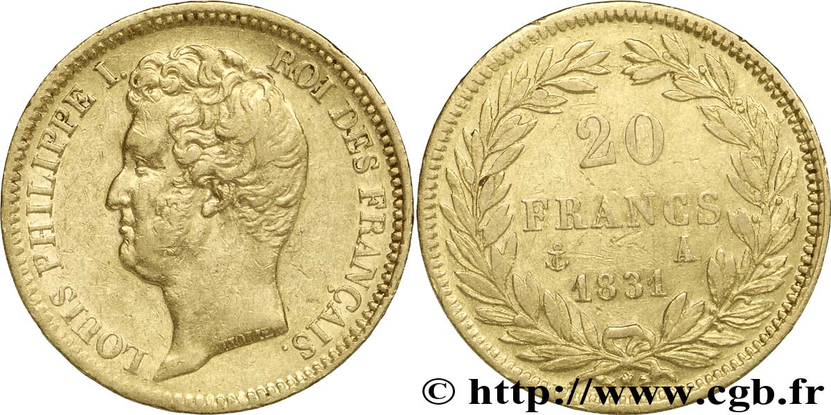 20 francs or Louis-Philippe, Tiolier, tranche inscrite en creux 1831 Paris F.524/2 SS45 