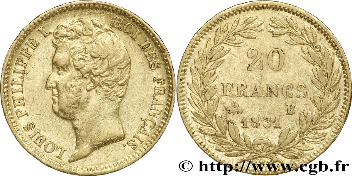 20 francs or Louis-Philippe, Tiolier, tranche inscrite en creux 1831 Rouen F.524/3 MBC45 