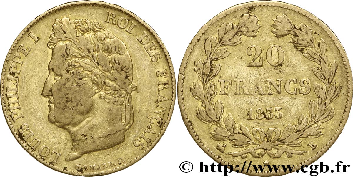 20 francs or Louis-Philippe, Domard 1833 Rouen F.527/5 XF40 