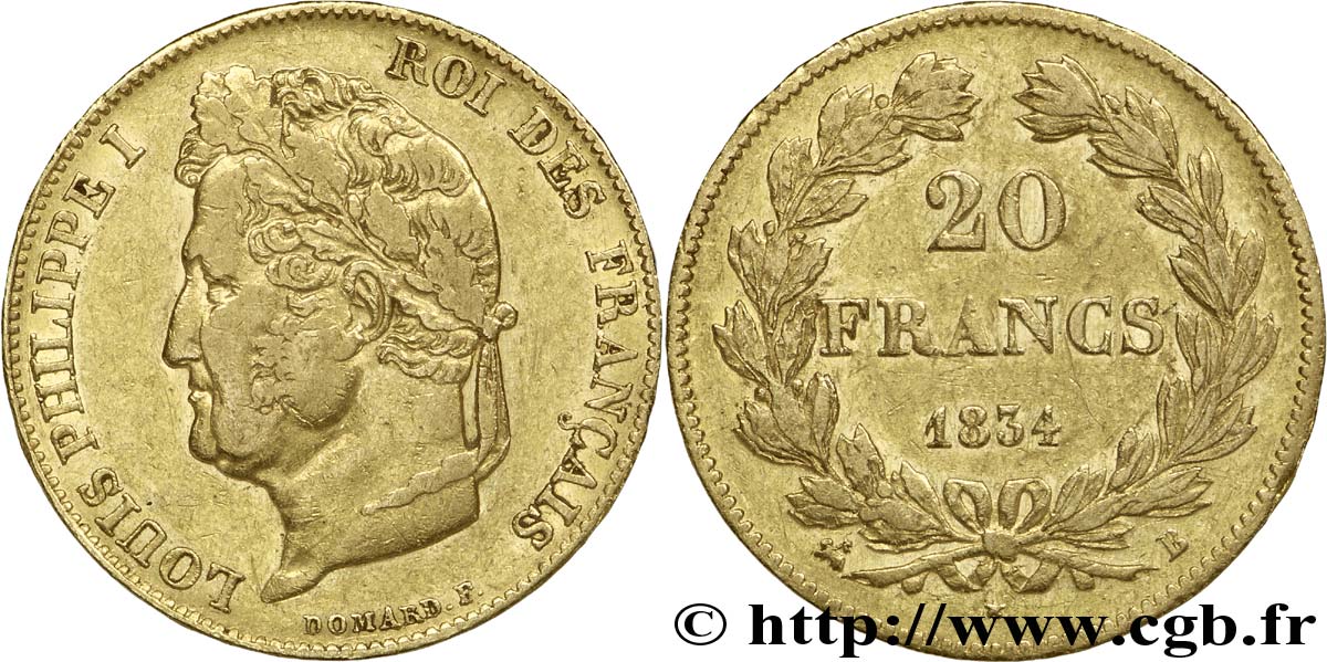20 francs or Louis-Philippe, Domard 1834 Rouen F.527/8 VF35 