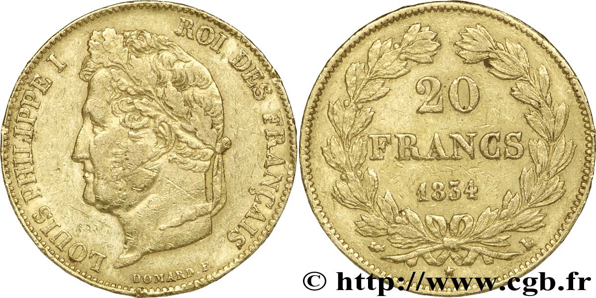 20 francs or Louis-Philippe, Domard 1834 Bayonne F.527/9 SS50 