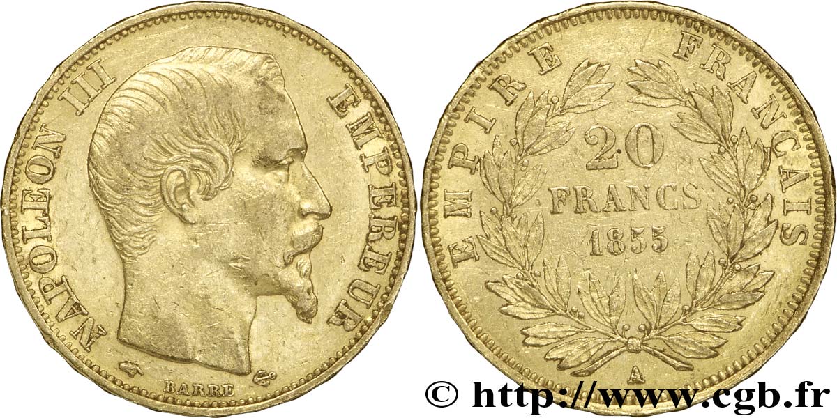 20 francs or Napoléon III, tête nue 1855 Paris F.531/4 MBC48 