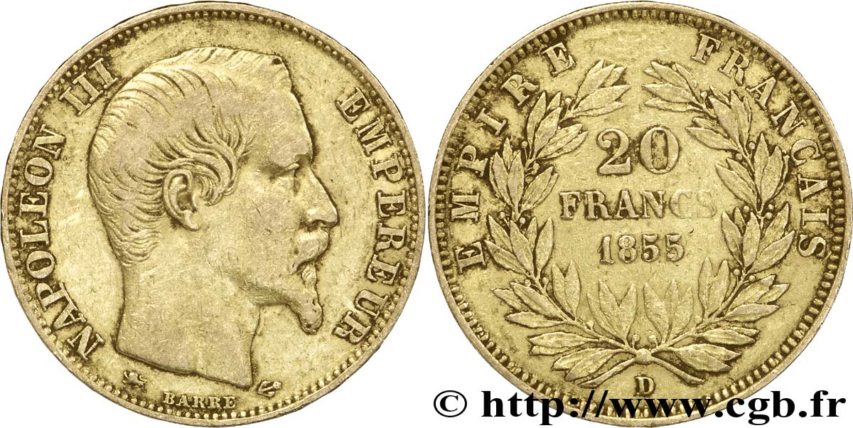 20 francs or Napoléon III, tête nue, petit lion 1855 Lyon F.531/7 MBC40 