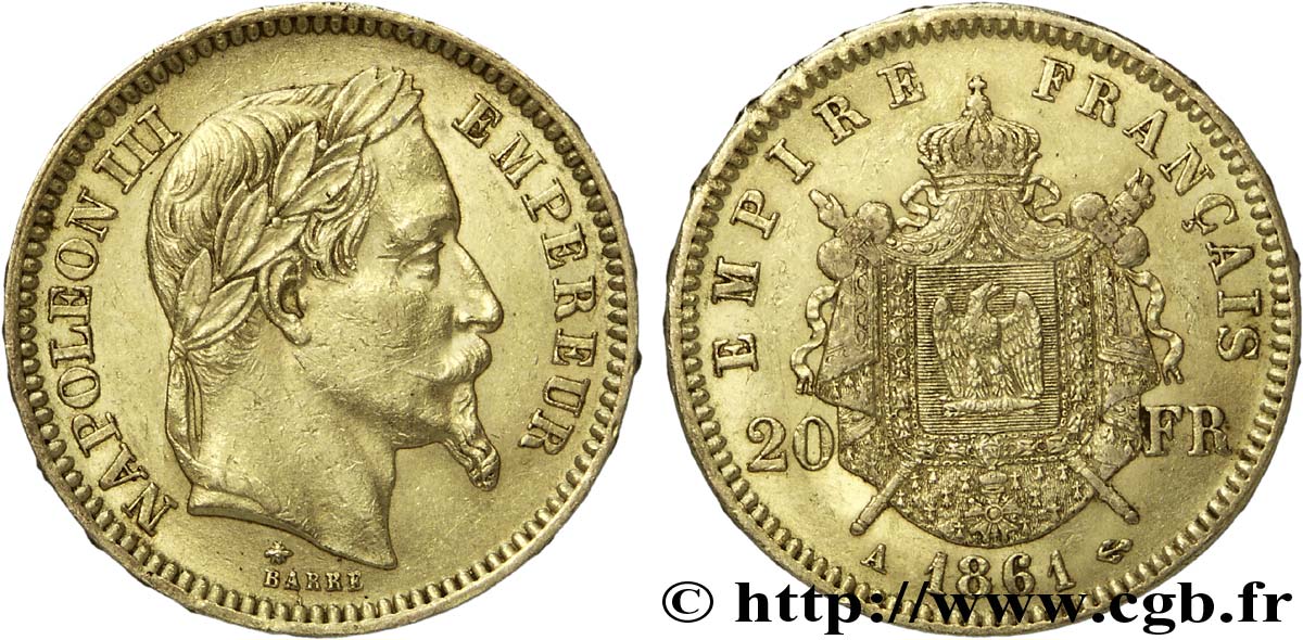 20 francs or Napoléon III, tête laurée 1861 Paris F.532/1 SPL55 