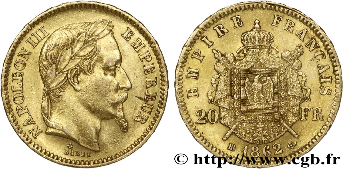 20 francs or Napoléon III, tête laurée 1862 Strasbourg F.532/5 TTB50 