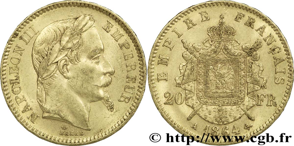 20 francs or Napoléon III, tête laurée 1864 Paris F.532/8 AU52 