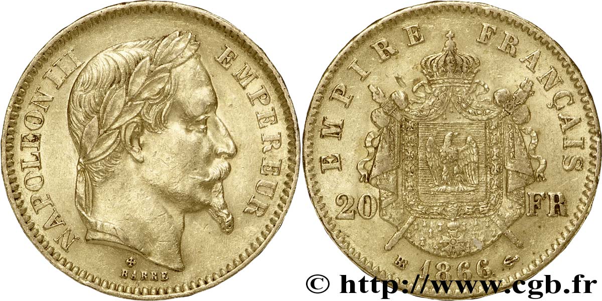 20 francs or Napoléon III, tête laurée 1866 Strasbourg F.532/14 AU52 